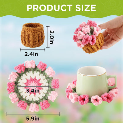 Flower Crochet Coasters, Handmade Bouquet Blanket Coaster with Crochet Plant Pot Fun Soft Decorative Drink Coasters for Coffee Tabletop Protection and Home Decor (Pink, 1Pc)