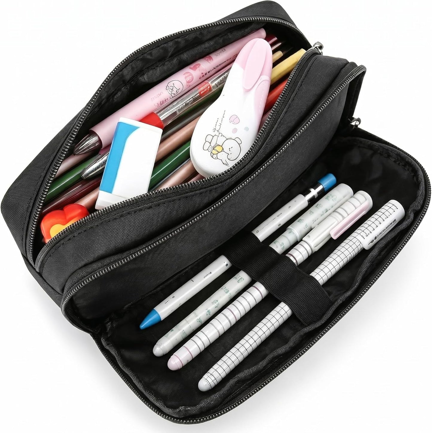 Della Gao Large Pencil Case, Big Capacity Pencil Pouch with 2 Compartments, Office Pencil Bag with Zipper, Big Pen Case for Adults (01-Black)