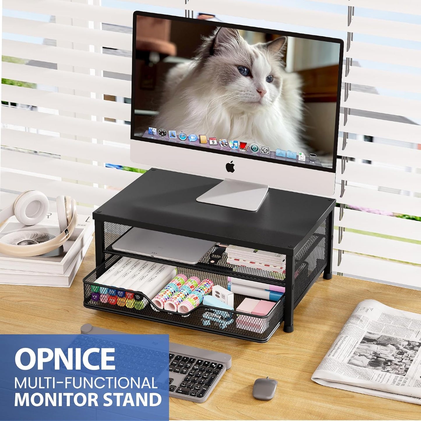 OPNICE Computer Monitor Stand Riser, Desk Organizer with Drawer, Printer & Laptop Stand, Office Desk Accessories & Workspace Desktop Organizers Storage for Office Supplies(Black)