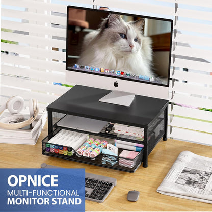 OPNICE Computer Monitor Stand Riser, Desk Organizer with Drawer, Printer & Laptop Stand, Office Desk Accessories & Workspace Desktop Organizers Storage for Office Supplies(Black)