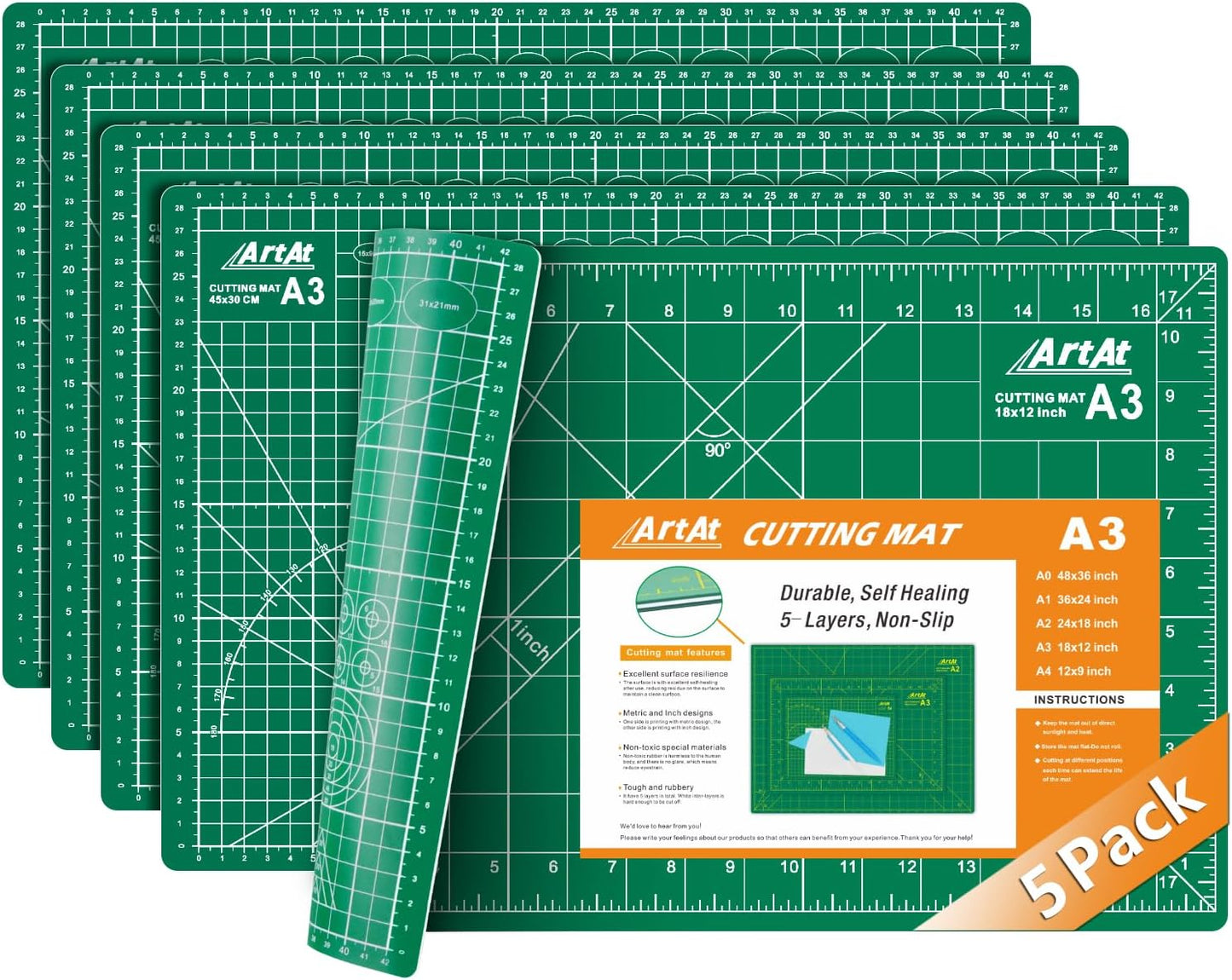 ArtAt Self Healing Cutting Mat: 24 x 36 inch Green Large 5-Ply Double-Sided Durable Non-Slip PVC Cutting Mat for Sewing Quilting Scrapbooking Art & Crafts projects…