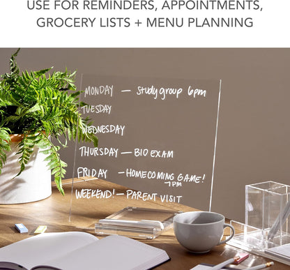 russell+hazel Acrylic Dry Erase Board and Marker, Memo Tablet for Desktop with Stand, Clear Acrylic, 12” x 6” x 11.5” (31384)