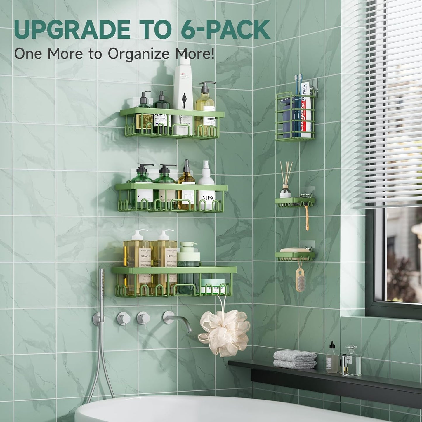 Veken Shower Caddy 6-Pack, Advanced Rustproof Design, No Drilling Adhesive Shelves, Rack with Soap Holder, Large Capacity Bathroom Organizers and Storage, Wall-Mounted Kitchen & Home Decor