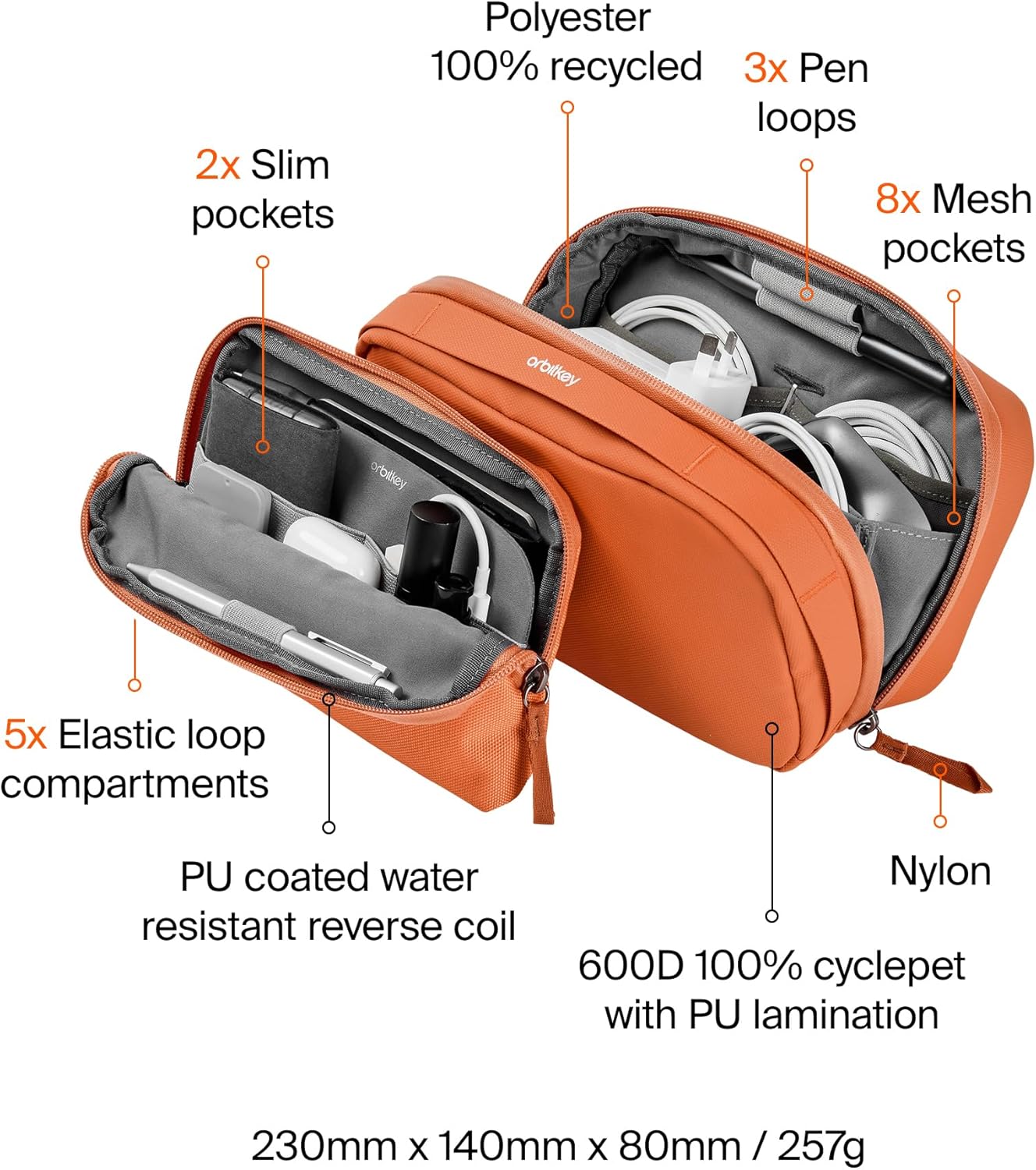 Orbitkey 2-in-1 Tech Accessory Pouch with Detachable Slim Sleeve – Travel Electronics Organizer for Cables, Chargers, Earbuds, Power Bank – Compact Gadget Bag & Portable Tech Storage Case (Terracotta)