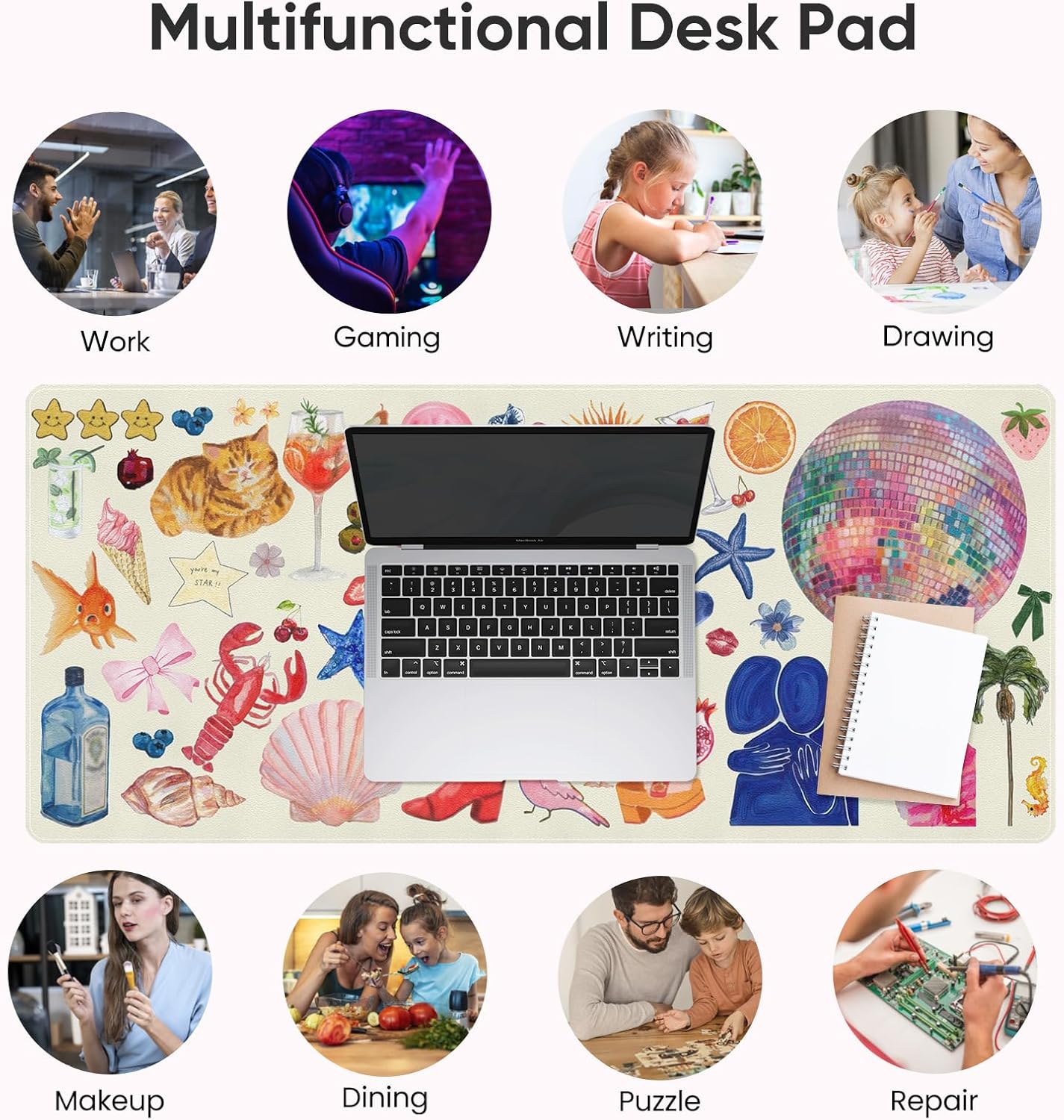 Pink Desk Mat, Leather Desk Pad Blotter Protector, XXL Large Mouse Pad,Computer Laptop Mouse Pads for Desktop,Waterproof Writing Anti-Slip Mousepad for Office and Home I Colorful Stickers
