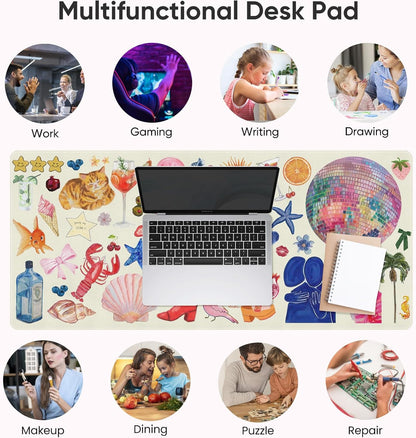 Pink Desk Mat, Leather Desk Pad Blotter Protector, XXL Large Mouse Pad,Computer Laptop Mouse Pads for Desktop,Waterproof Writing Anti-Slip Mousepad for Office and Home I Colorful Stickers