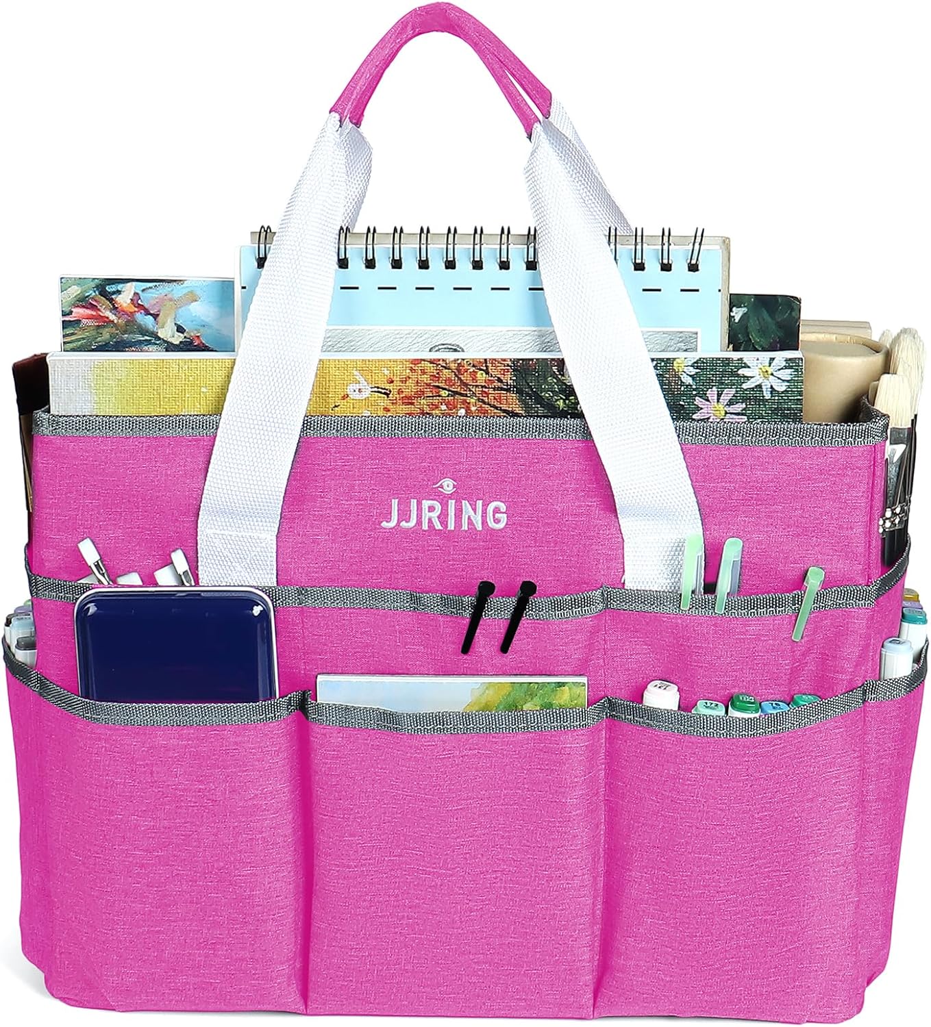 JJRING Craft Organizer Tote Bag for Art Storage, Caddy with Multiple Pockets, Bluish Green Sewing Bag for Scrapbooking, School, Medical, and Office Supplies