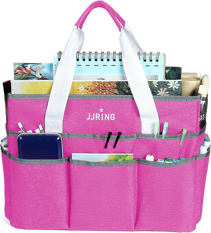 JJRING Craft Organizer Tote Bag for Art Storage, Caddy with Multiple Pockets, Bluish Green Sewing Bag for Scrapbooking, School, Medical, and Office Supplies