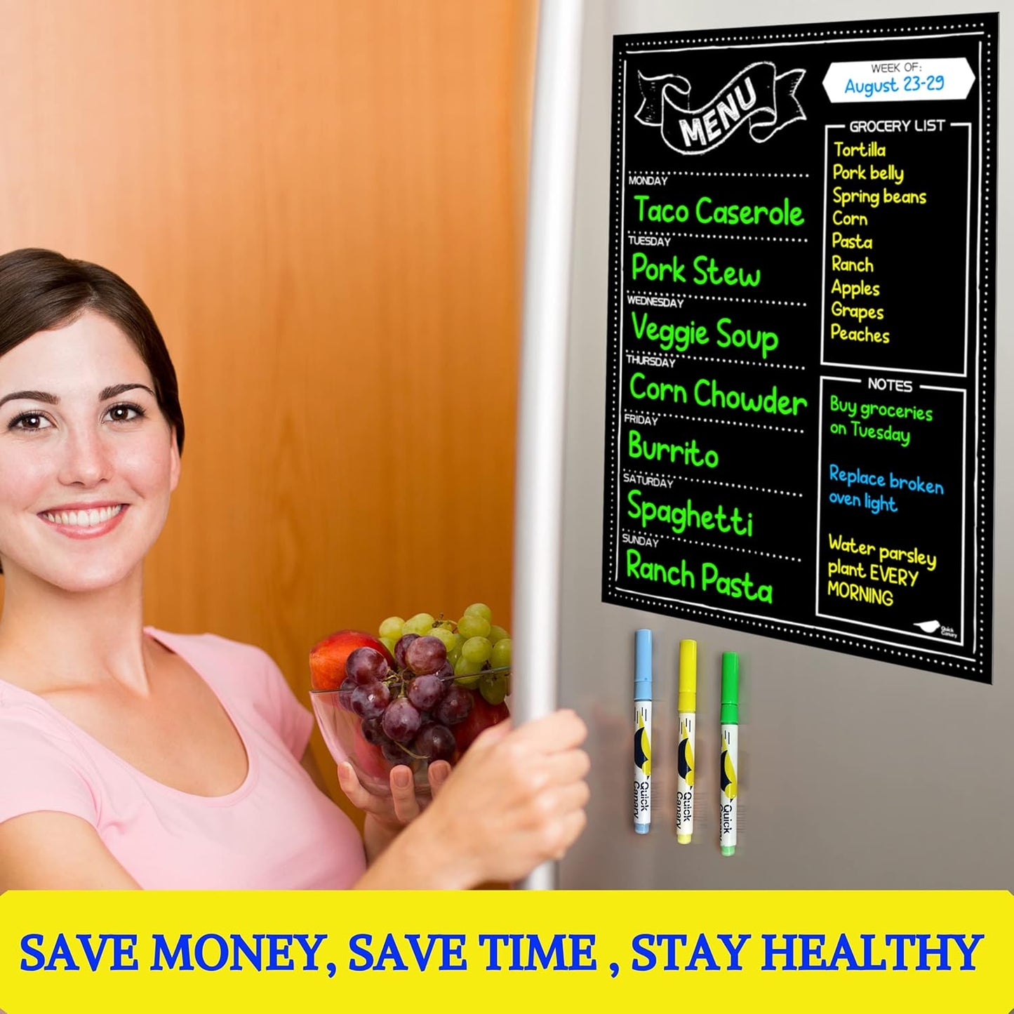 Magnetic Weekly Meal Planner for Fridge – 16” x 12” Dry Erase Menu Board with Grocery List & Notes – Stain-Resistant Whiteboard for Family Meal Planning Includes 3 Magnetic Markers & Eraser