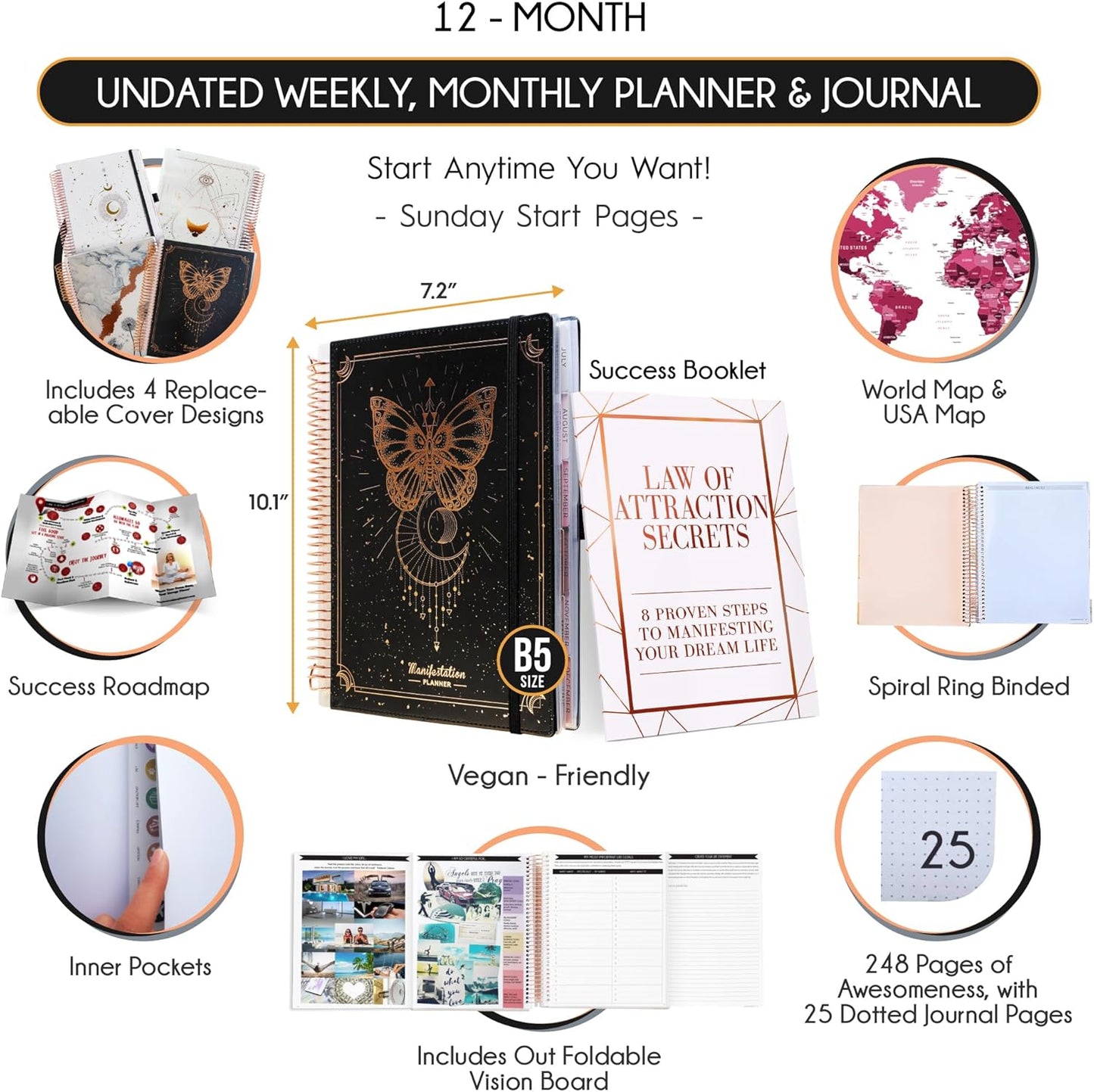 Manifestation Journal – Hourly, Weekly & Monthly Planner | 12-Month to Increase Productivity, Life Organizer & Goal Planner | Spiral Journal, Habit Tracker, Foldable Vision Board, Gift Box & Stickers