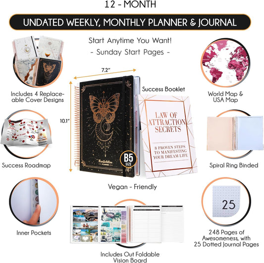 Manifestation Journal – Hourly, Weekly & Monthly Planner | 12-Month to Increase Productivity, Life Organizer & Goal Planner | Spiral Journal, Habit Tracker, Foldable Vision Board, Gift Box & Stickers