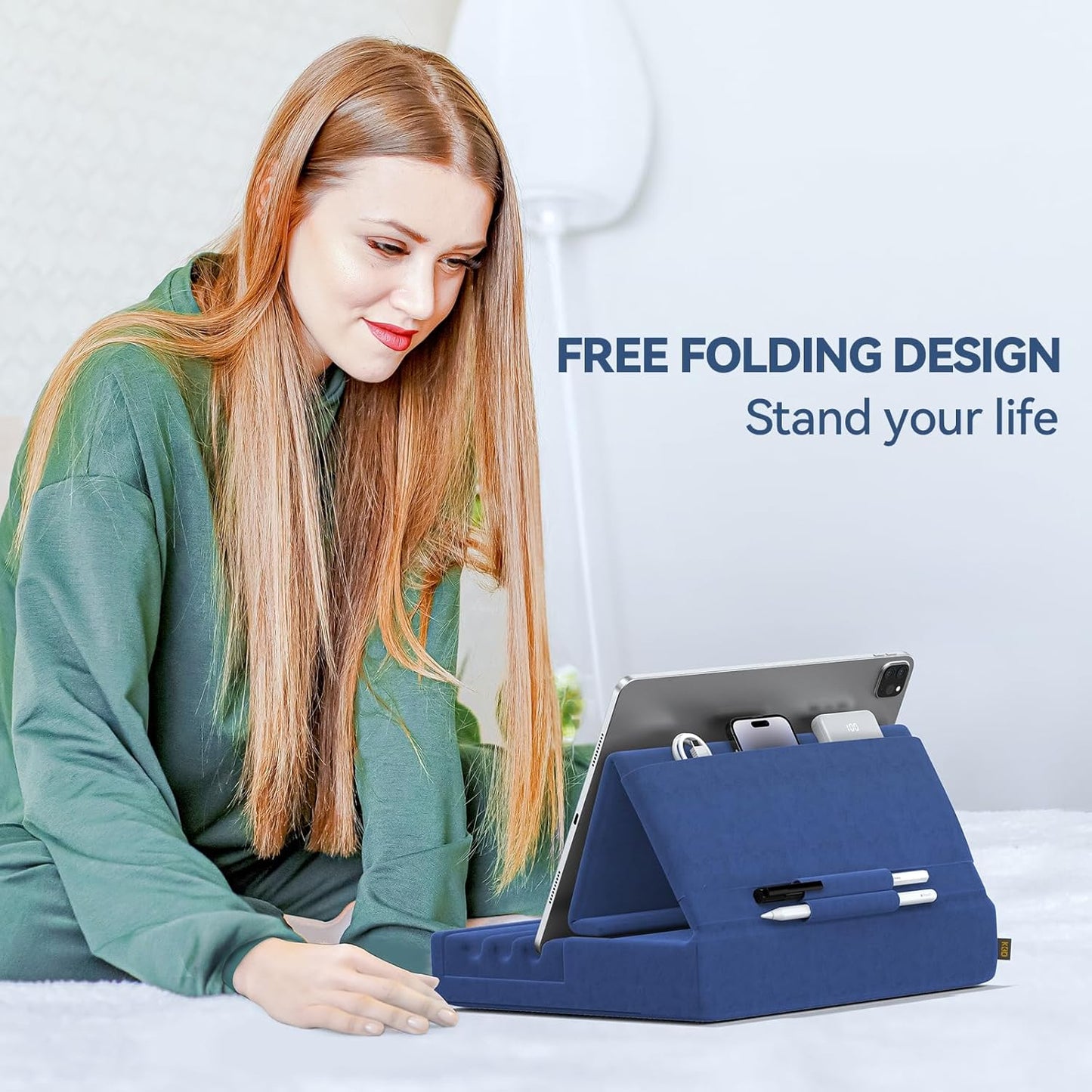KDD Tablet Pillow Holder, Foldable iPad Stand for Lap, Bed and Desk -Tablet Soft Pad Dock with Pocket & Stylus Mount Compatible with iPad Pro 12.9, 10.5, 9.7 Air Mini 6 5 4 3, Galaxy Tab, E-Reader