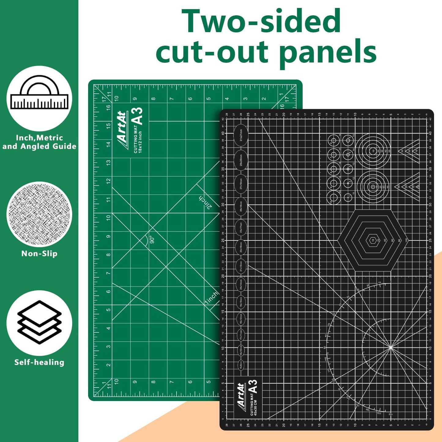 ArtAt Self Healing Cutting Mat: 24 x 36 inch Green Large 5-Ply Double-Sided Durable Non-Slip PVC Cutting Mat for Sewing Quilting Scrapbooking Art & Crafts projects…