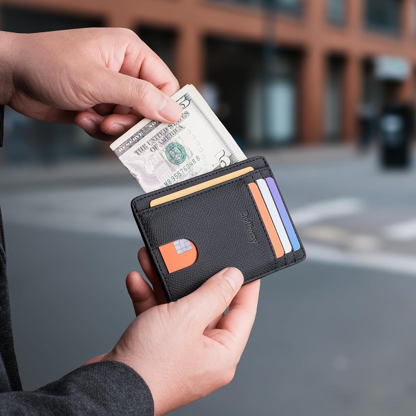 Buffway Slim Minimalist Front Pocket RFID Blocking Leather Wallets for Men and Women - Carbon Fiber Black - Colors A