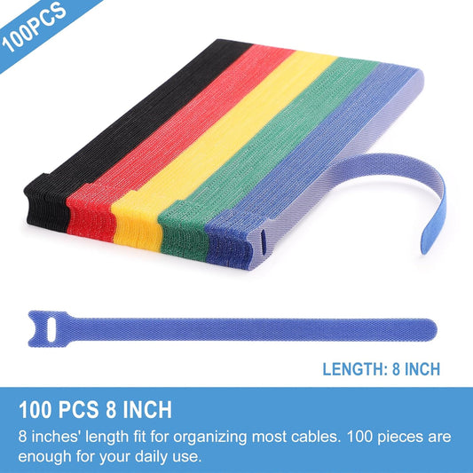 100 PCS 8 Inches Reusable Cable Ties | Adjustable Cord Wraps, Cable Straps | Hook & Loop Cord Organizer, Cable Management | 5 Colors