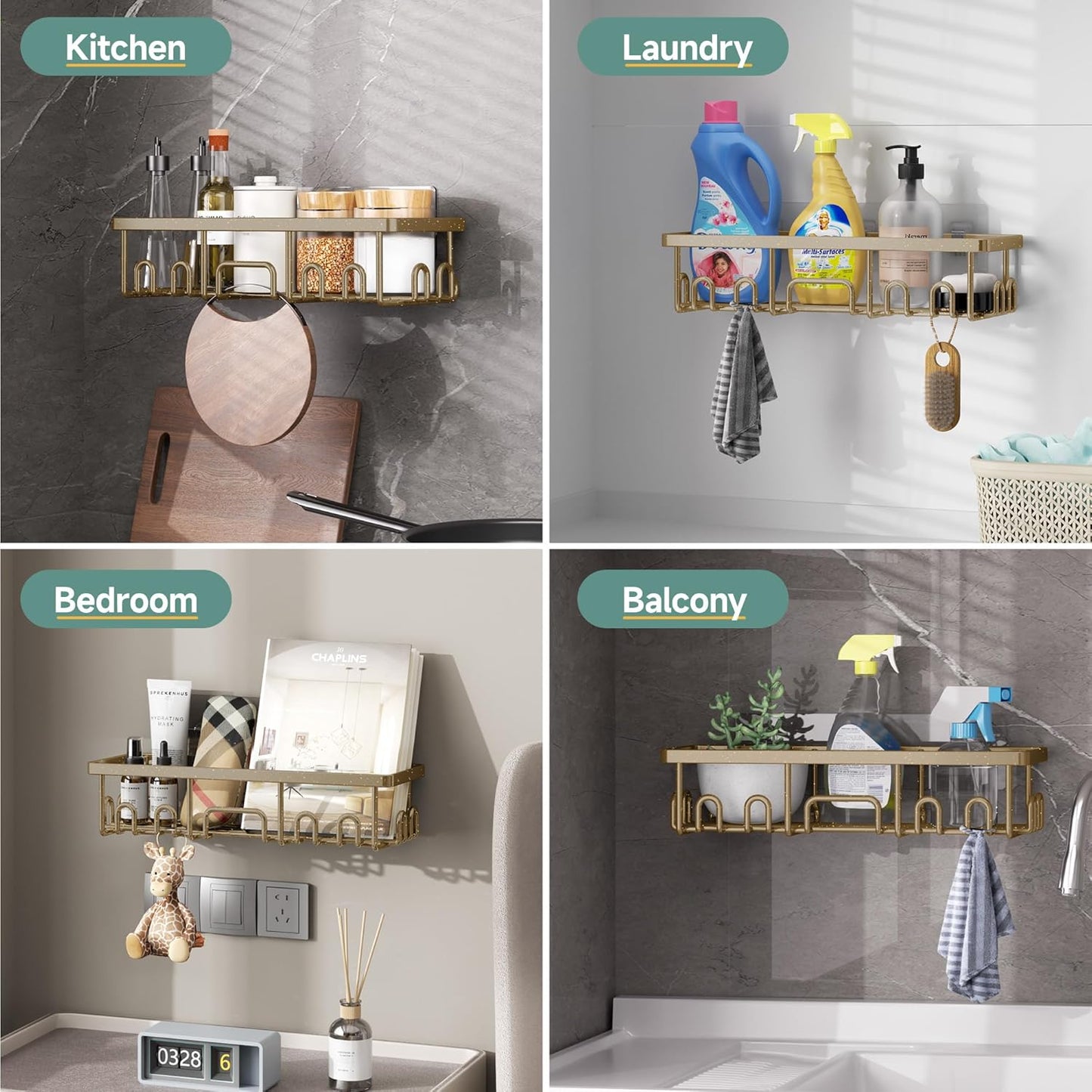 Veken Shower Caddy 6-Pack, Advanced Rustproof Design, No Drilling Adhesive Shelves, Rack with Soap Holder, Large Capacity Bathroom Organizers and Storage, Wall-Mounted Kitchen & Home Decor