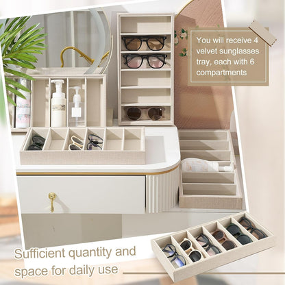 Juexica 2 Pcs Velvet Sunglasses Organizer Tray 6 Grid Sunglass Organizer Velvet Tray Stackable Glasses Display Case for Women Glasses Jewelry Display Watch (Beige)