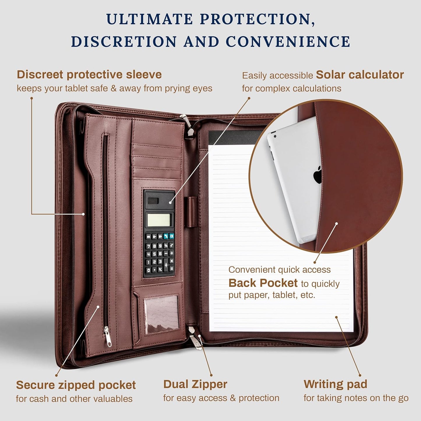 Cossini Black Superior Vegan Leather Business Portfolio with Zipper – Padfolio All-in-One. Smartest Protective 10.1 Inch Tablet Sleeve, Presentation Slot, Solar Calculator, Card Storage, Writing Pad
