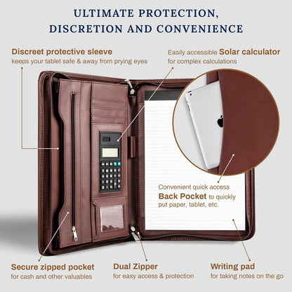 Cossini Black Superior Vegan Leather Business Portfolio with Zipper – Padfolio All-in-One. Smartest Protective 10.1 Inch Tablet Sleeve, Presentation Slot, Solar Calculator, Card Storage, Writing Pad
