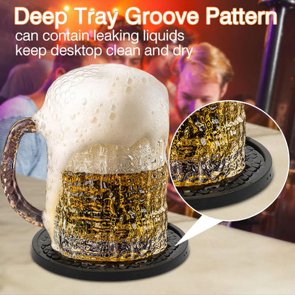 2 Pack Silicone Coasters for Drinks, Round Black Coaster with Deep Tray Grooved Design Cup Mat, Washable Heat Resistant Durable Non-Slip Coasters for Coffee Table Wooden Desk Kitchen Bar