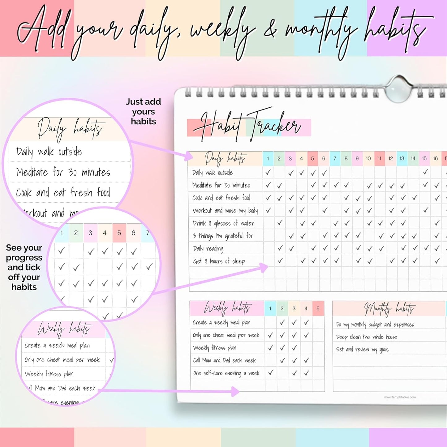 Habit Tracker Calendar – Daily, Weekly & Monthly Habit & Goal Tracker, Wire-Bound Planner with Colorful Design, Premium 250gsm Paper | A5 (Rainbow)