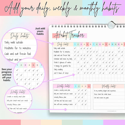 Habit Tracker Calendar – Daily, Weekly & Monthly Habit & Goal Tracker, Wire-Bound Planner with Colorful Design, Premium 250gsm Paper | A5 (Rainbow)