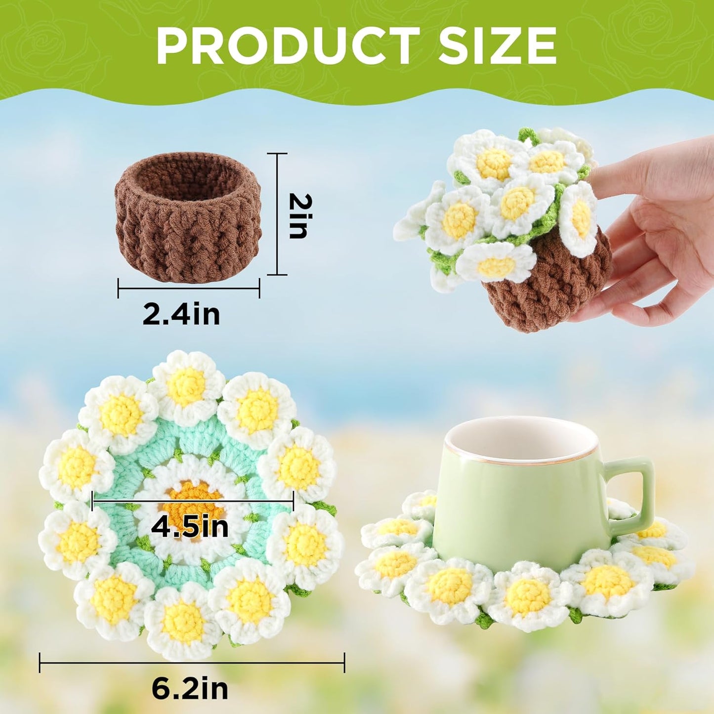 Flower Crochet Coasters, Handmade Bouquet Blanket Coaster with Crochet Plant Pot Fun Soft Decorative Drink Coasters for Coffee Tabletop Protection and Home Decor (Pink, 1Pc)