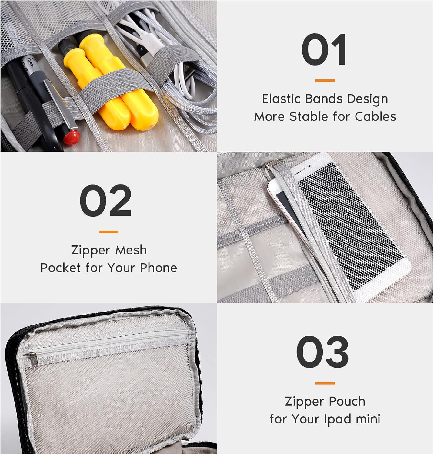 OrgaWise Electronics Organizer, Electronic Accessories Bag Travel Cable Organizer Three-Layer for iPad Mini, Kindle, Hard Drives, Cables, Chargers