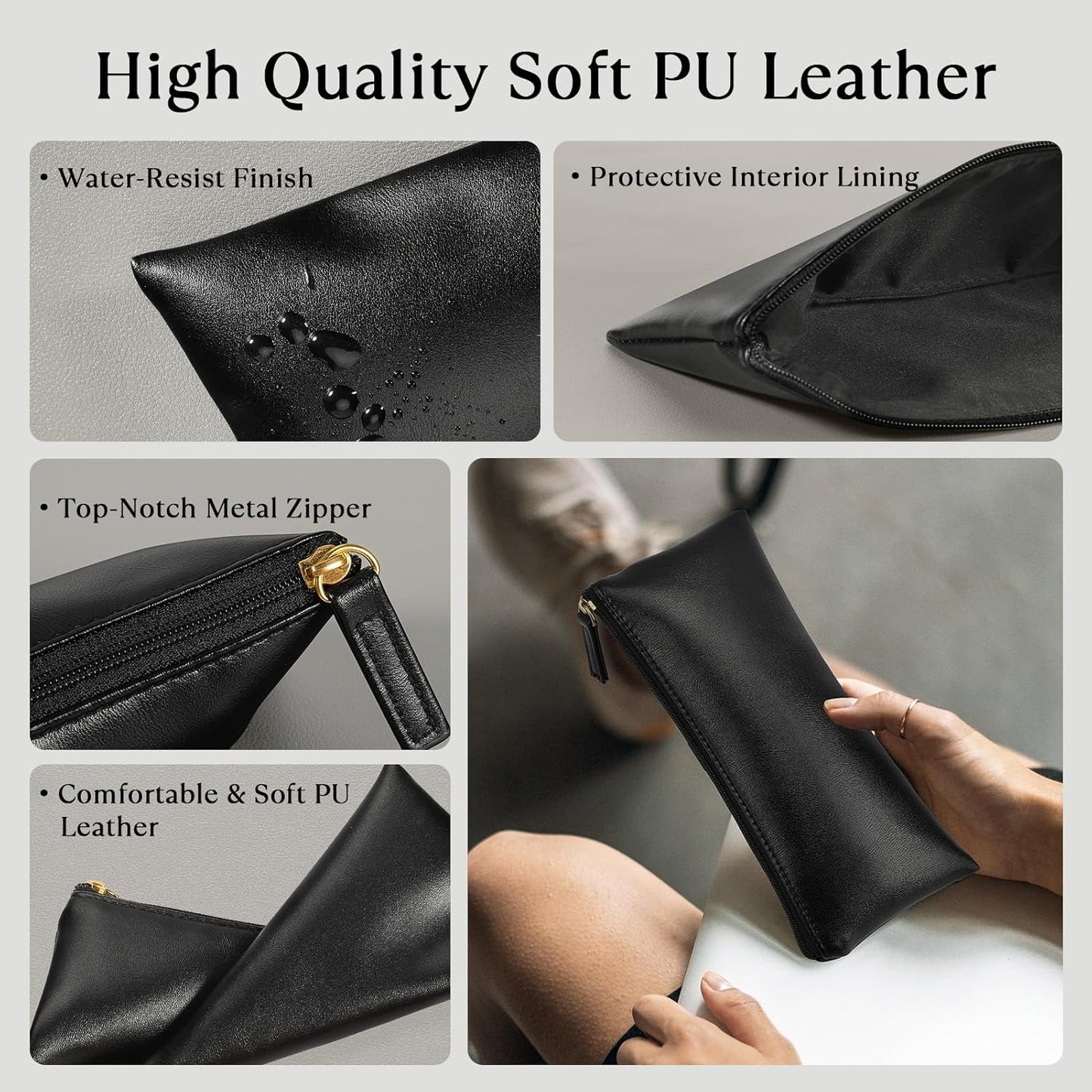 MROCO Pencil Case Black Pencil Bag PU Leather Pen Case Small Zipper Pouch for Pencils, Pens, Markers, Makeups, Change, Coins