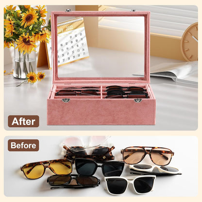 Frebeauty 16 Slots Sunglasses Organizer,2 Layer Velvet Sunglasses Tray with Glass Lid,Multiple Pairs Sunglass Display Case for Man or Woman,13.7 * 10.25 * 4.1 Inches Eyeglass/Eyewear Box (Beige)
