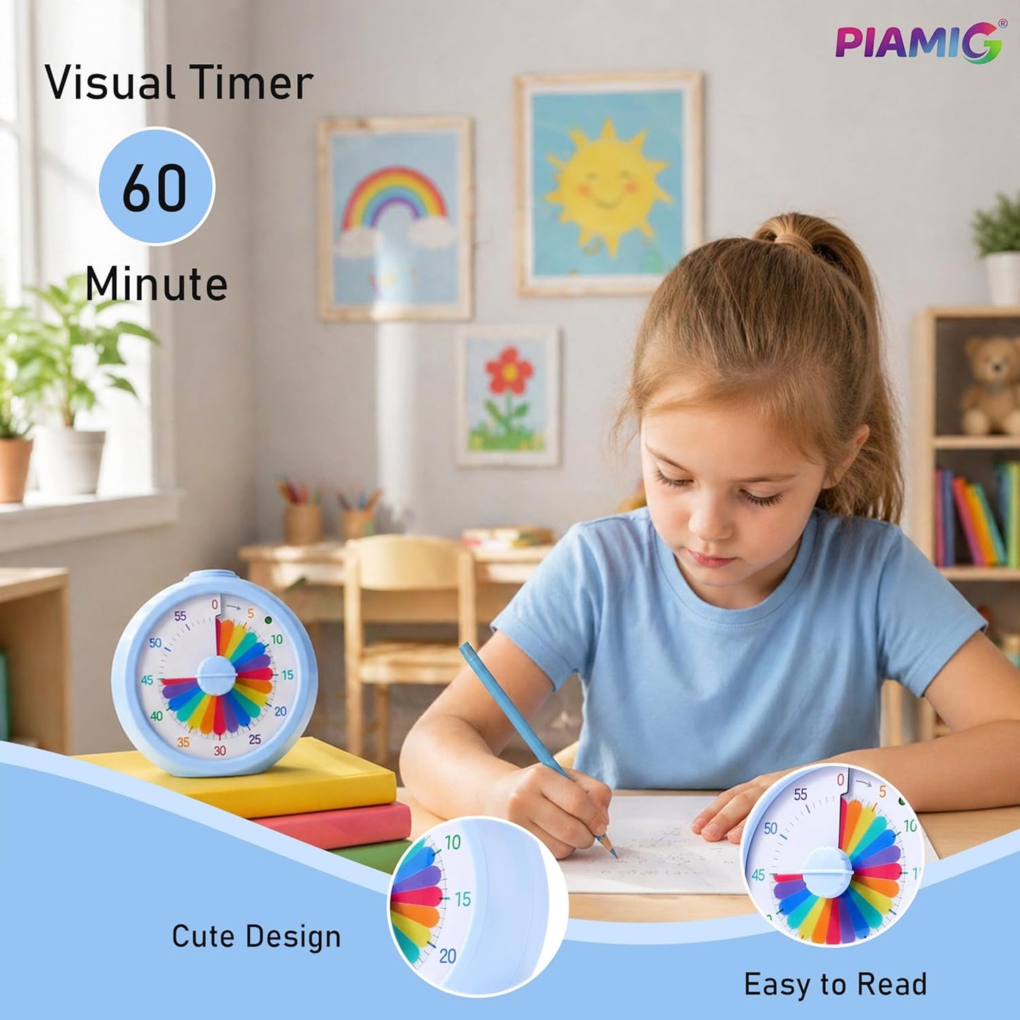 Visual Timer, 60-Minute Countdown Timer for Kids and Adults with Adjustable Volume, Rainbow Design Time Management Tools with Silent Operation, Suitable for Classroom, Office and Home (Blue)