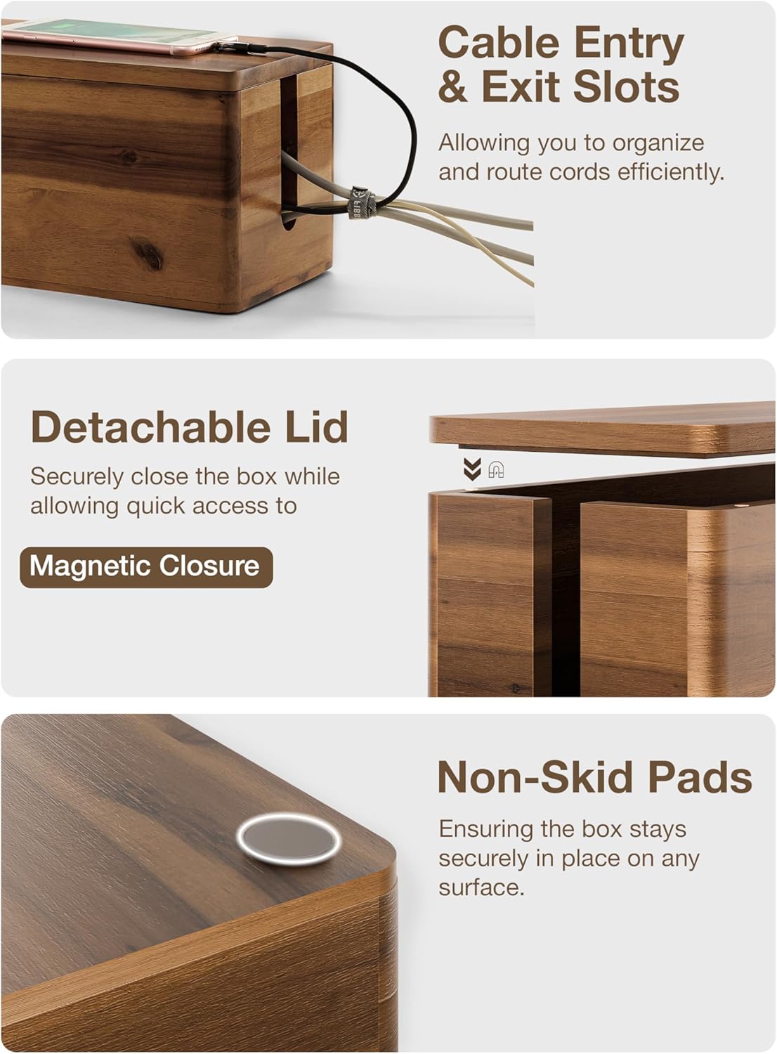 TIDITA Acacia Wood Cable Management Box Round Edge - 16" L Wooden Cable Organizer Box for Electrical Hiding Cord Management - Power Strip Hider Cable Storage Box for Office, Router Wires, Under Desk
