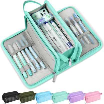 Sooez Large Pencil Case, Big Capacity Pencil Pouch Pen Bag with 3 Compartment, Portable Canvas Stationery Organizer with Zipper, Cute Aesthetic School Supplies for Teen Girls College, Pink with Plaid