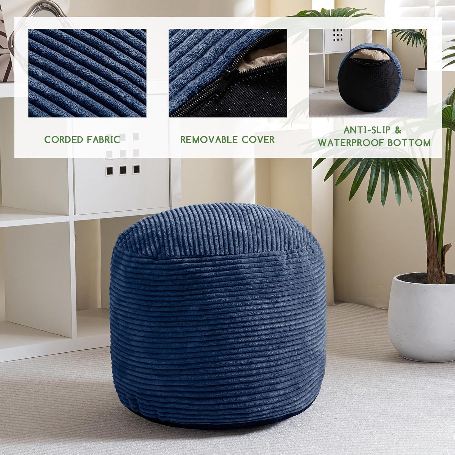 HIGOGOGO Round Stuffed Pouf Ottoman, Corduroy Poufs with Foam Chunk Filling, Furry and Fluffy Pouf Foot Stool Storage Ottoman, 20 X 15 Floor Poufs Foot Rest for Living Room, Dark Grey