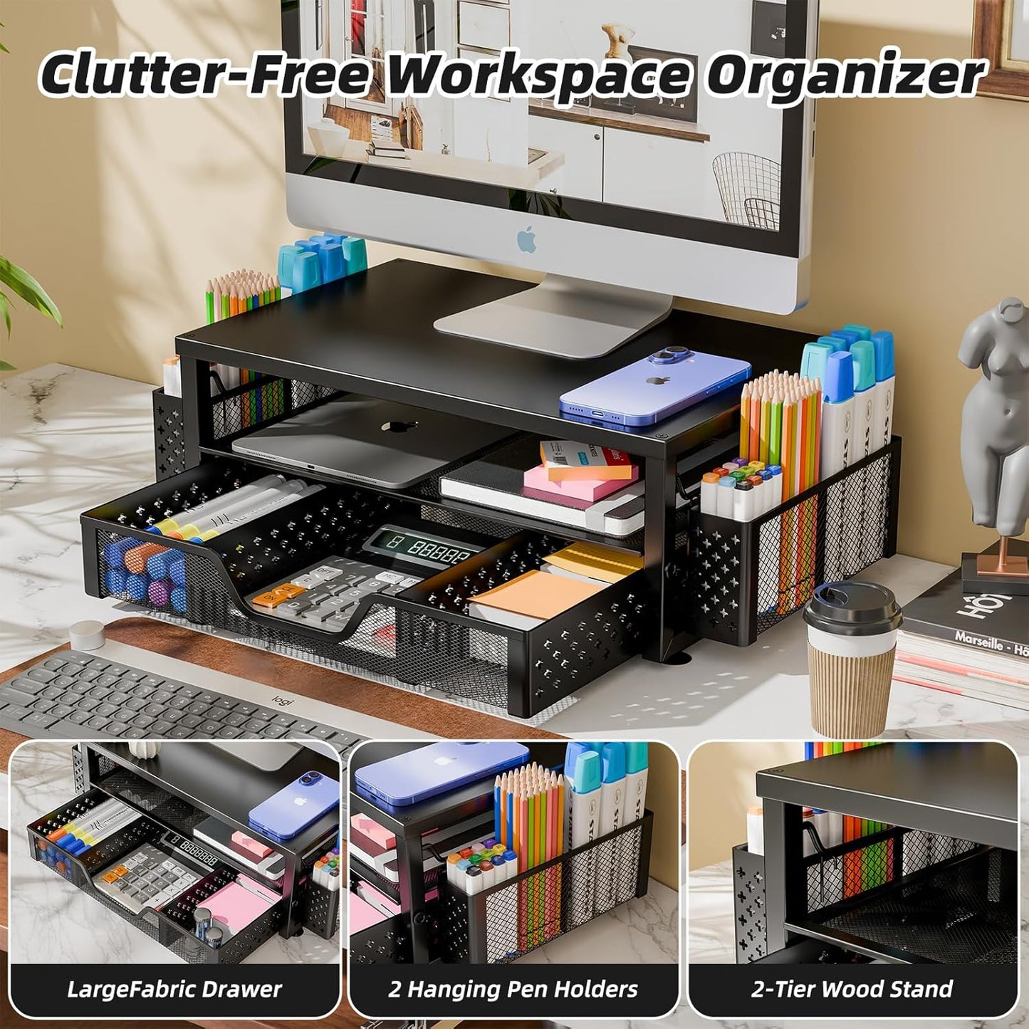 Simple Trending Desk Organizer and Accessories, 2 Tier Computer Metal Monitor Stand Riser with Drawer and Pen Holder for Laptop, Computer, iMac, Black