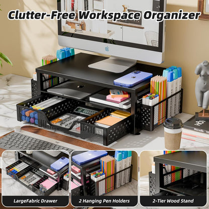 Simple Trending Desk Organizer and Accessories, 2 Tier Computer Metal Monitor Stand Riser with Drawer and Pen Holder for Laptop, Computer, iMac, Black