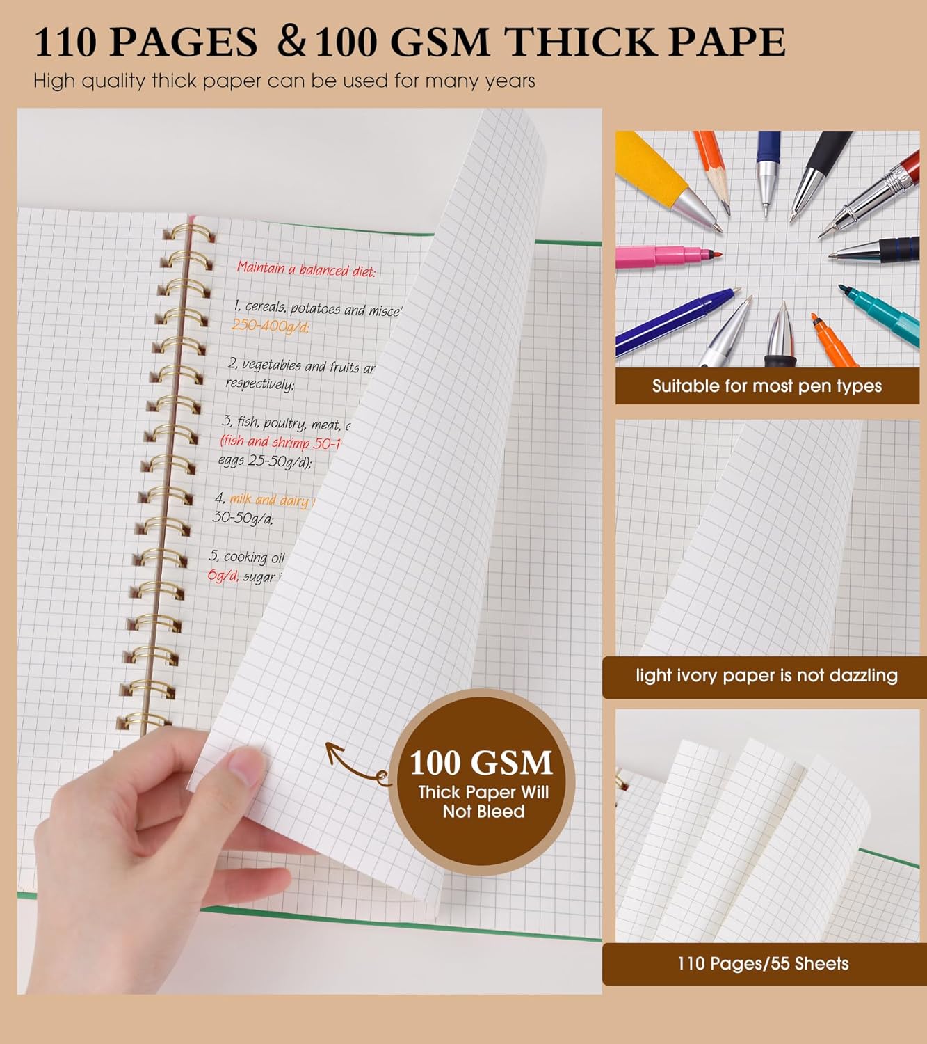 Dotted Notebook, Spiral Notebook Journal 8.5” x 11”, A4 Large Dot Grid Notebooks for Women Men, 100 GSM Dotted Paper, Plastic Hardcover Spiral Bullet Journals for Work School Sketching, Green