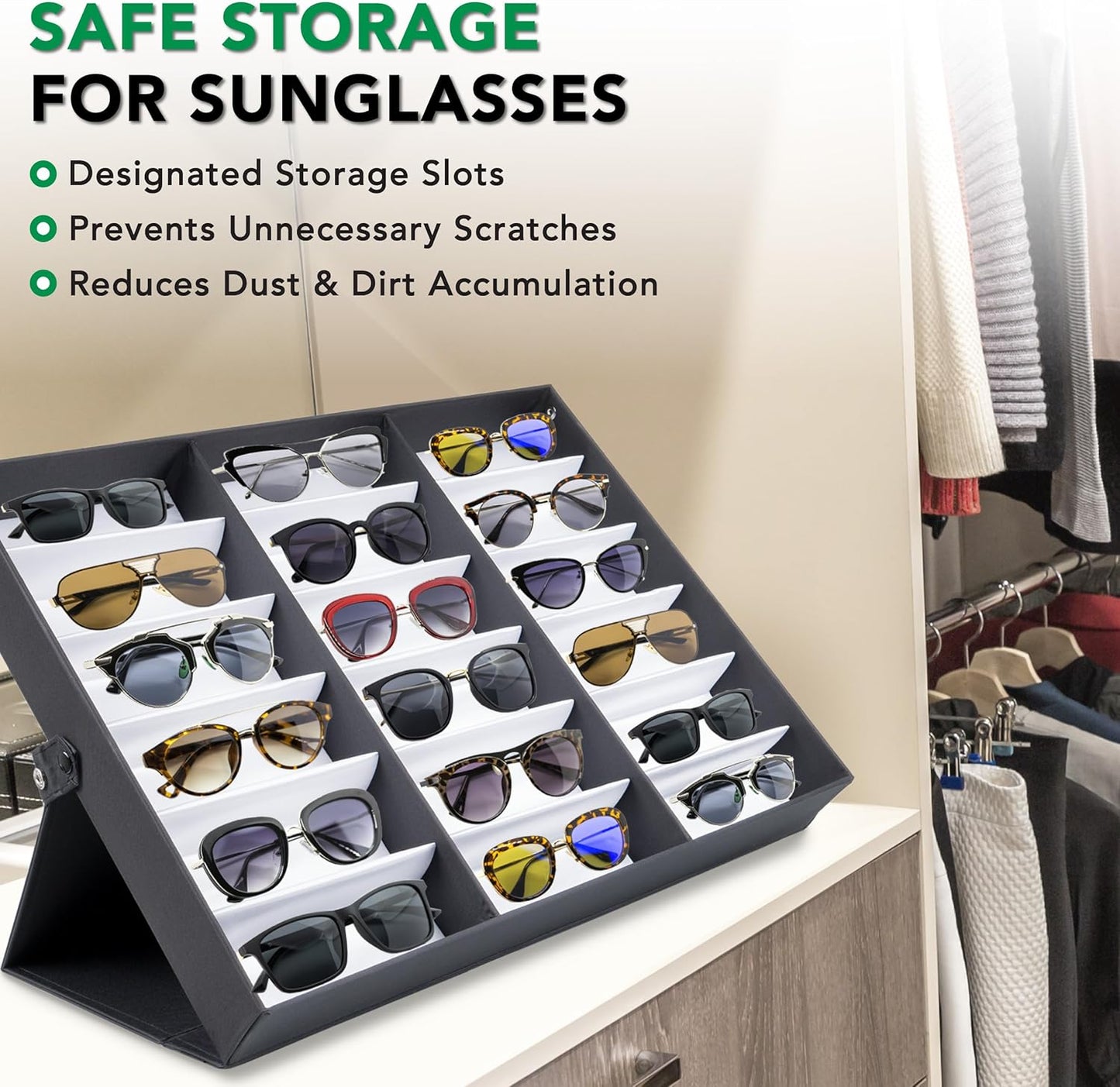 ProSource 18 Slot Sunglasses Organizer Box Stand Display Case/Tray, Fabric Lined & Snap Close