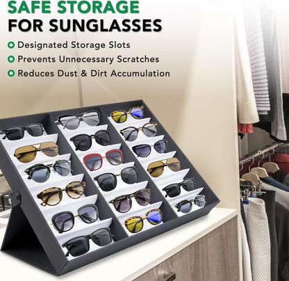 ProSource 18 Slot Sunglasses Organizer Box Stand Display Case/Tray, Fabric Lined & Snap Close