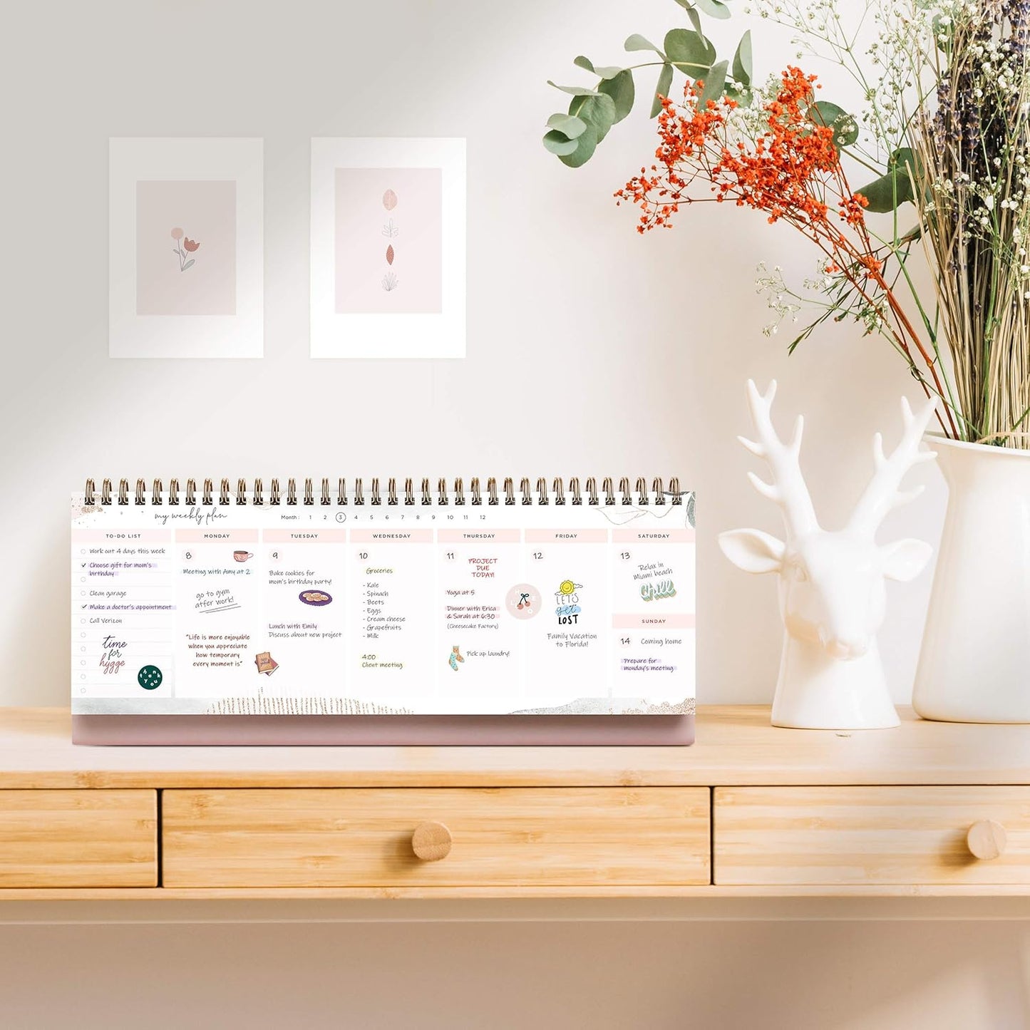 Pink Abstract Non-Dated Spiral Weekly Desk Calendar Planner, 60 Week Inspirational To Do List Pad Desktop Stand, 3.75" x 10.5", La Lune Collection by Bright Day