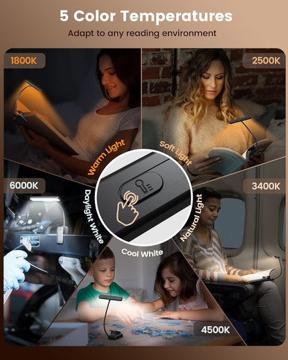 Glocusent 26 LED Book Light, 1200 mAh 90 Hrs Lasting Rechargeable Reading Light, 5 Amber Colors & Stepless Dimming Book Reading Light - Portable Clip on Light for Book Lovers Kids