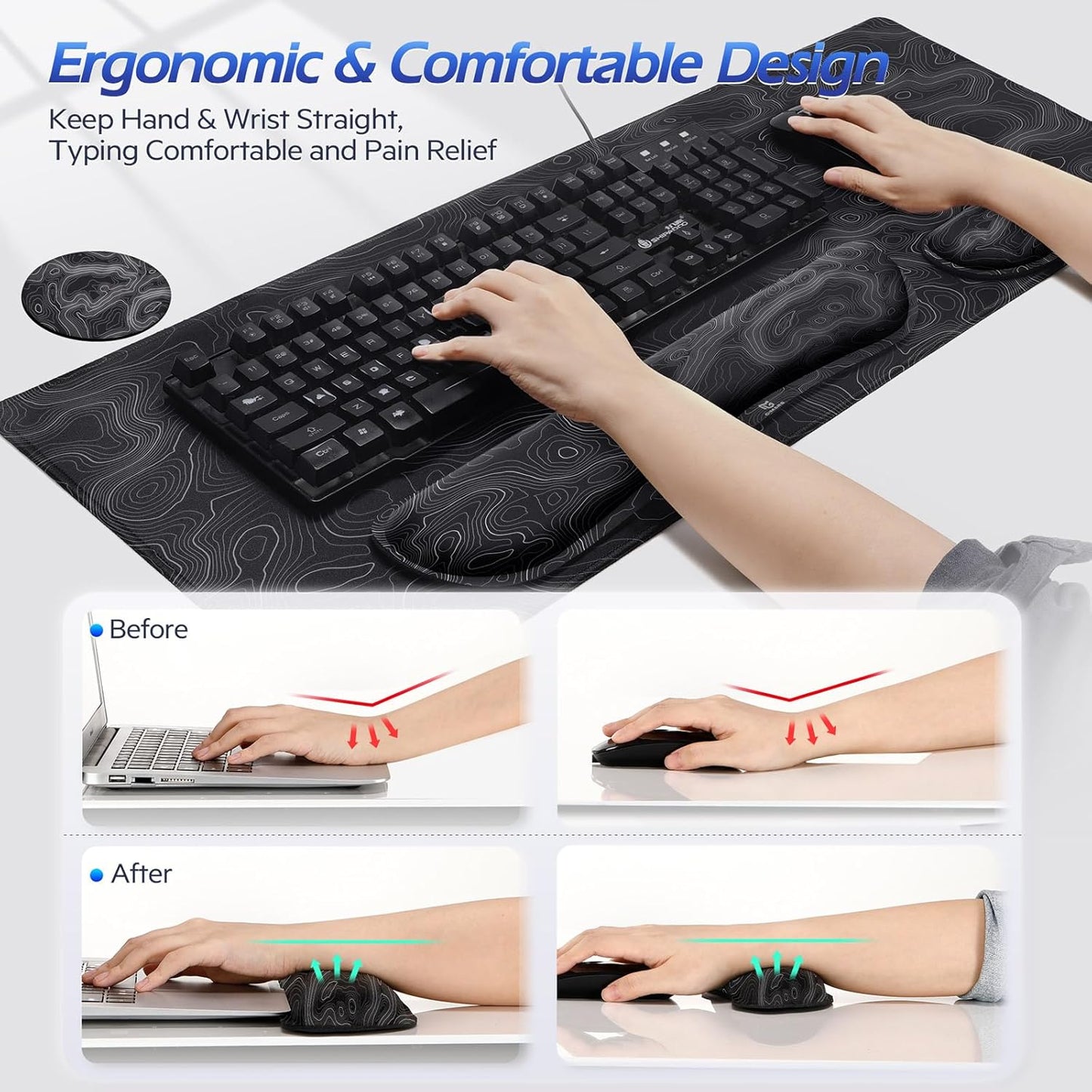 Gimars Upgrade Enlarge Silky and Superfine Fabric Gel Memory Foam Keyboard Wrist Rest Set, Ergonomic Keyboard Mouse Wrist Support for Typing Pain Relief, Comfort for Office, Gaming, Computer, Black