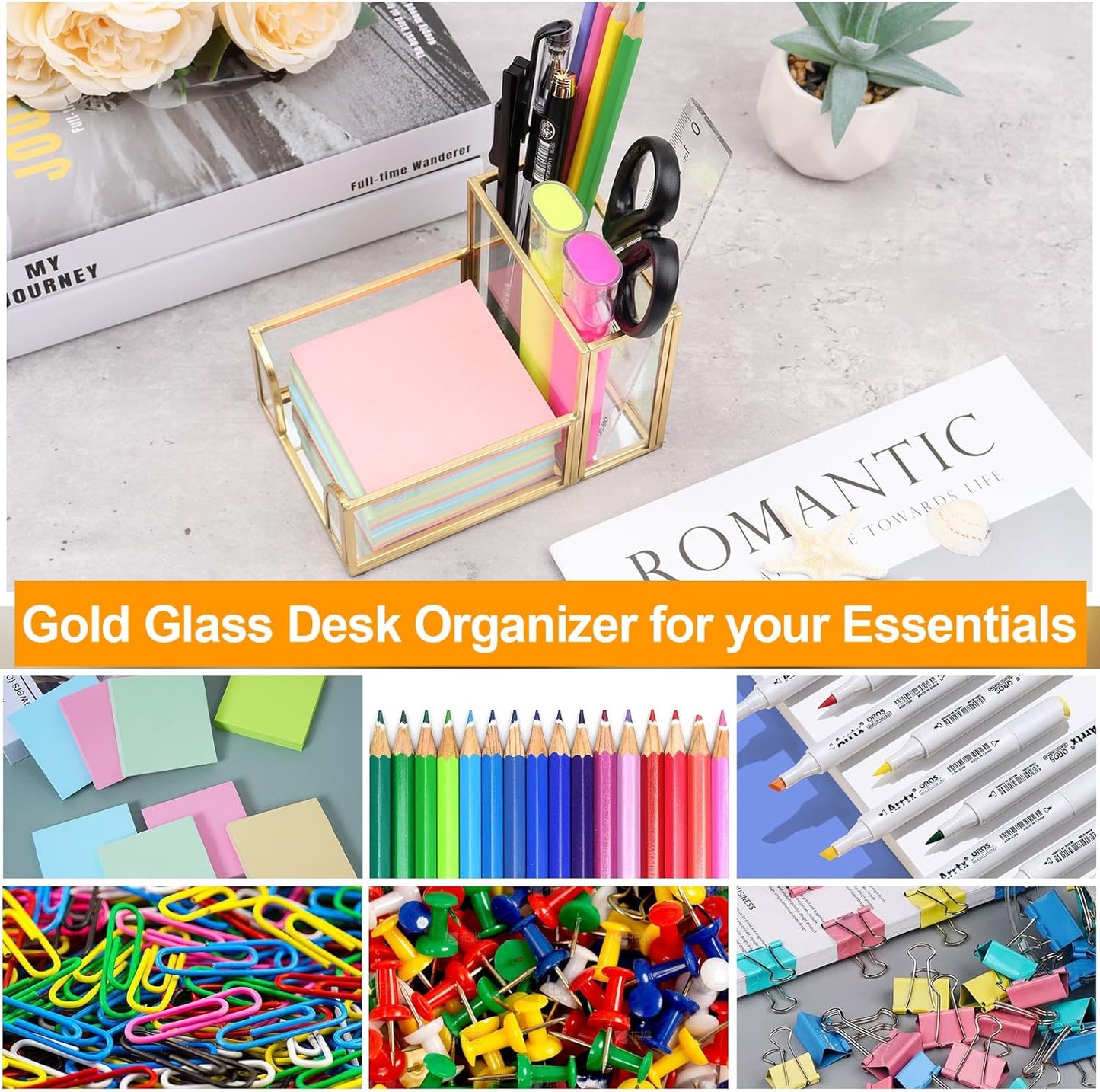 Glass Sticky Note Holder, Gold Post It Note Dispenser for Desk,3 x 3 Inch Post It Note Holder,Stylish Sticky Note Dispenser for Home Office Desk