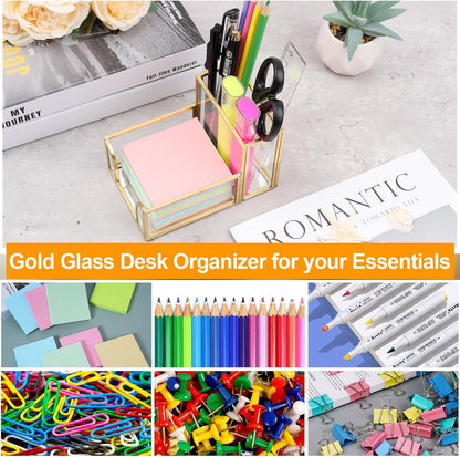 Glass Sticky Note Holder, Gold Post It Note Dispenser for Desk,3 x 3 Inch Post It Note Holder,Stylish Sticky Note Dispenser for Home Office Desk