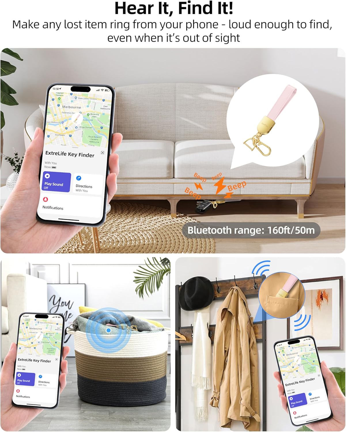 Keychain, Works with Apple Find My, Leather Car Keychain for Women and Men, Car Key Fob Holder, Key Chain with GPS Tracker, Anti-Lost Smart Keys Finder, Rechargeable, Black