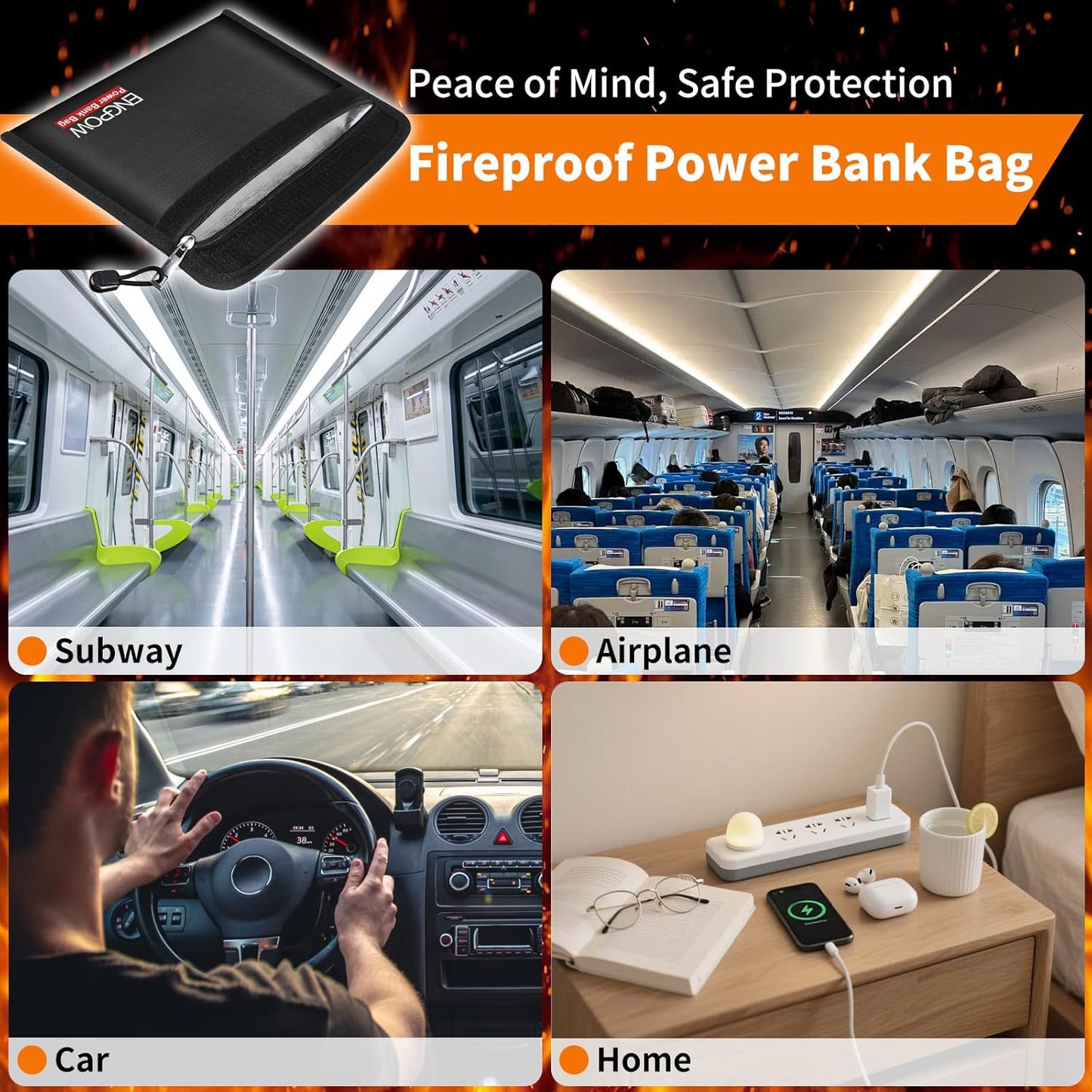 ENGPOW Fireproof Organizer Travel Bag,Heat Insulated＆Explosion-Proof Electronic Carry Case,Portable Home Travel Safe Storage for Power Bank,Phone,Cables,USB Drive＆Charging Protection, 10.6''x6.7''
