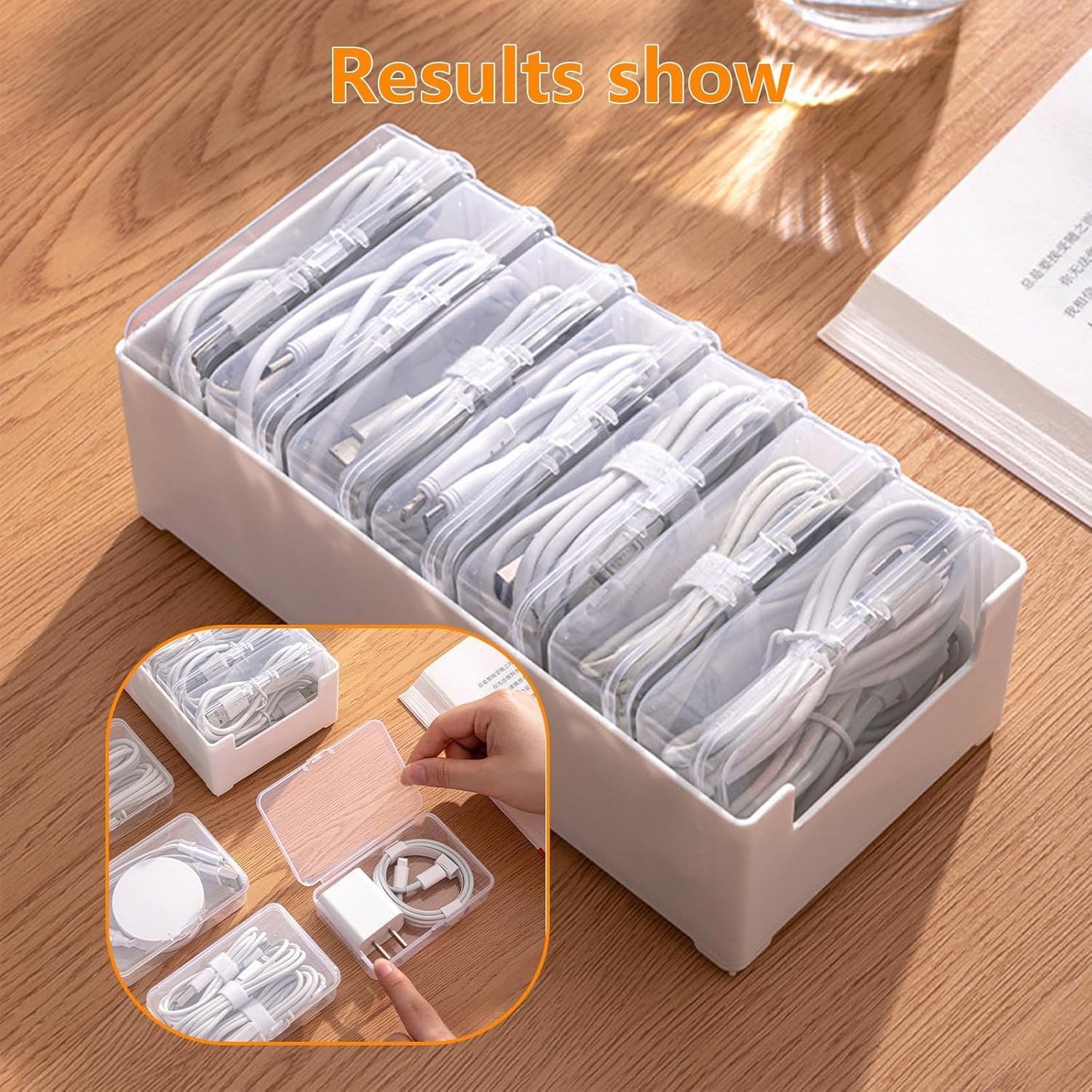 8 Individual Cable Organizer Boxes With Base, Cord Storage Organizer With Labels And Cable Straps For Charging Cables, Adapters, Earphones (8 pcs Individual Cable, 1 Pack)