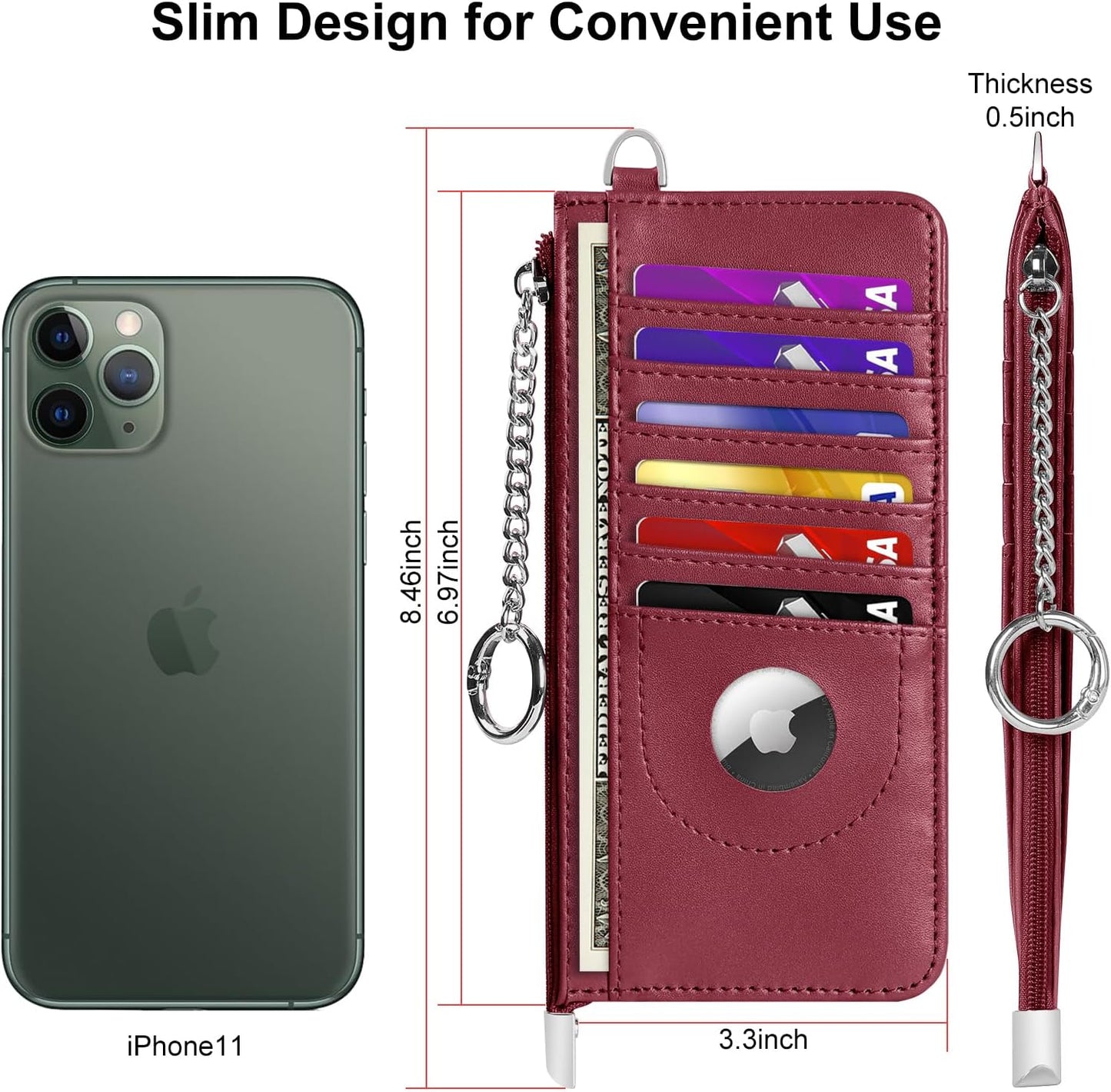 RFID Blocking Slim Credit Card Holder Wallet with Zipper Money Pocket & Keychain, Slim Airtag Wallet for Men Women