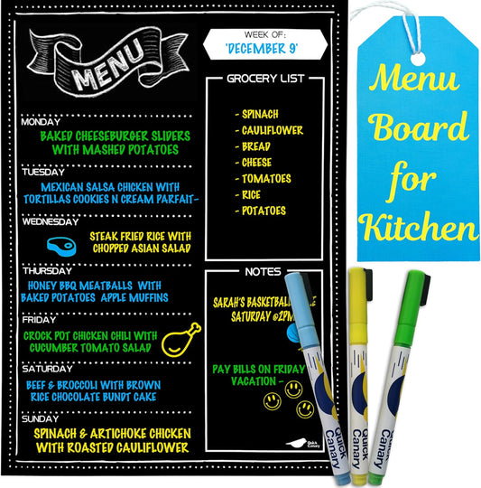 Magnetic Weekly Meal Planner for Fridge – 16” x 12” Dry Erase Menu Board with Grocery List & Notes – Stain-Resistant Whiteboard for Family Meal Planning Includes 3 Magnetic Markers & Eraser