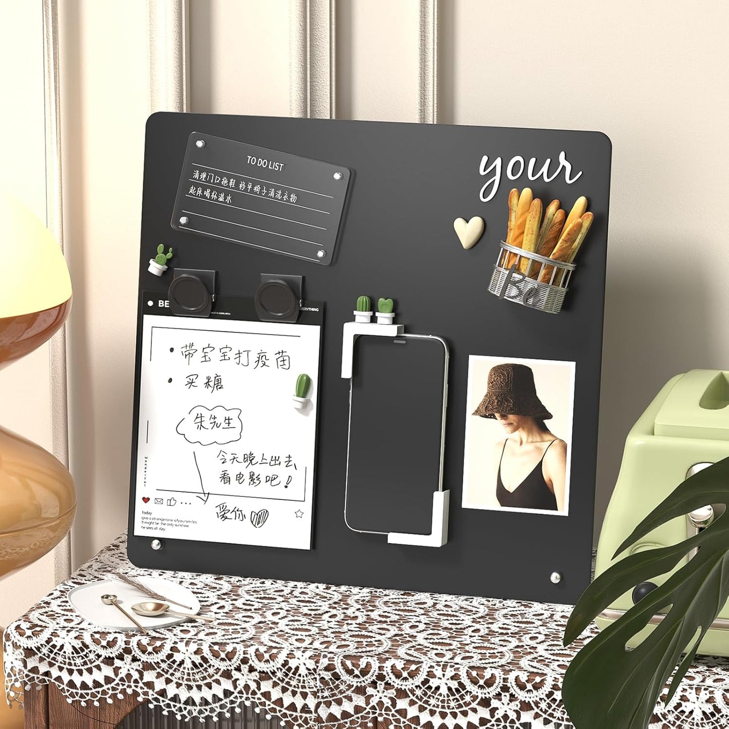 FANXIYQ Black Magnetic Board for Desk, Metal Magnet Display Board for Magnets & Souvenirs, Travel Magnet Board & RV Sticker Board, Magnetic Memo Board with Removable Foot Pads